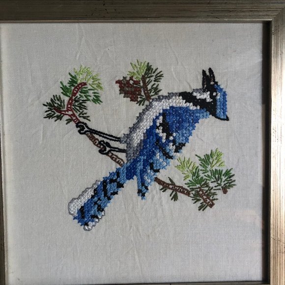 Needlepoint cross stitch picture a blue bird framed - Picture 3 of 4
